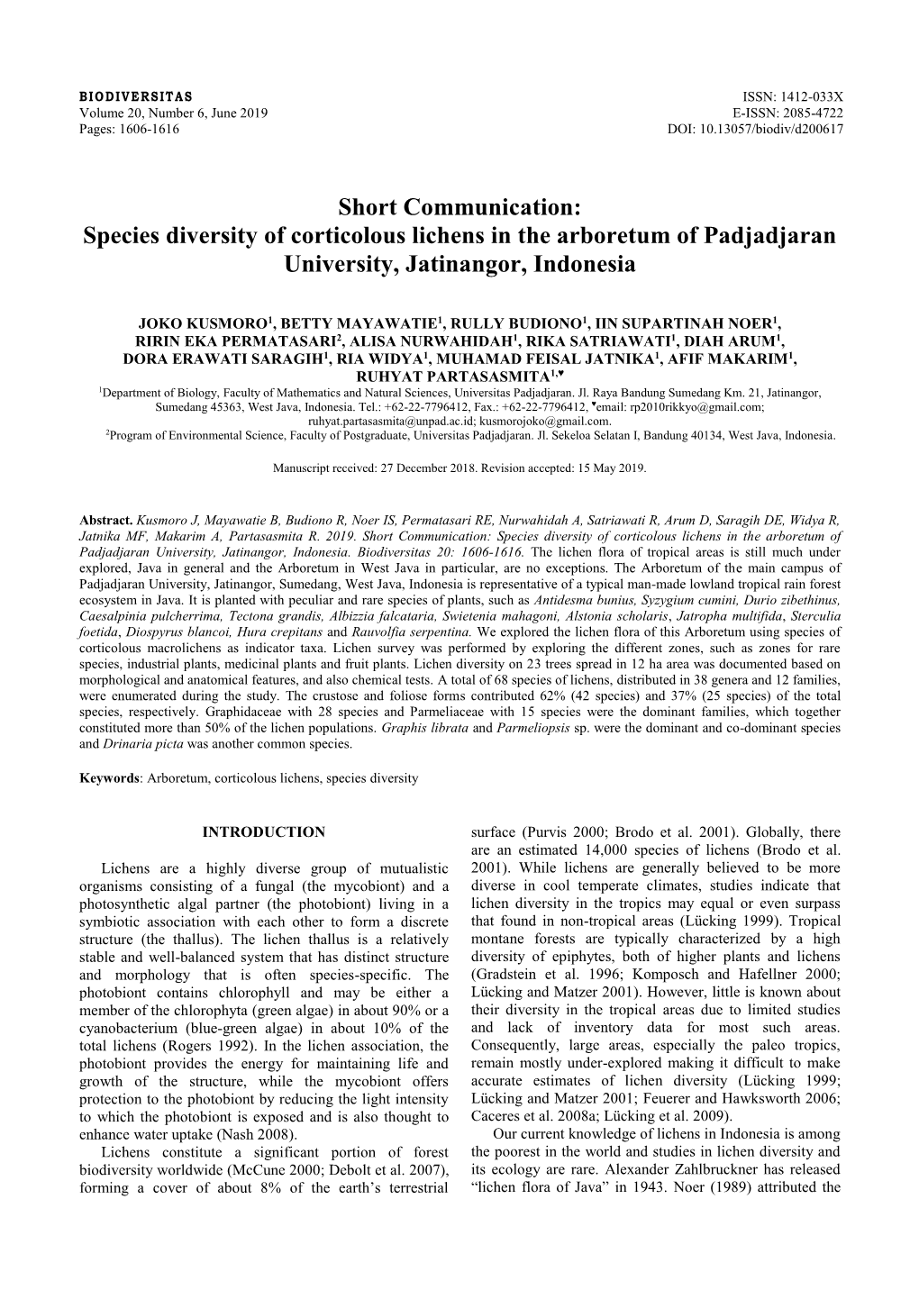 Species Diversity of Corticolous Lichens in the Arboretum of Padjadjaran University, Jatinangor, Indonesia