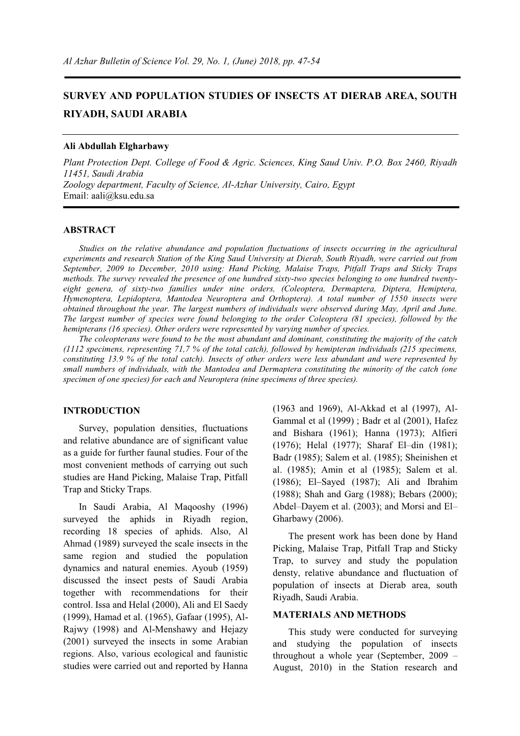 Survey and Population Studies of Insects at Dierab Area, South Riyadh, Saudi Arabia