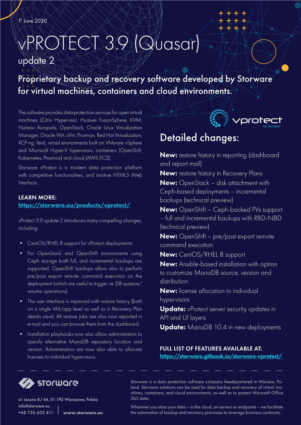 Vprotect 3.9 (Quasar) Update 2 Proprietary Backup and Recovery Software Developed by Storware for Virtual Machines, Containers and Cloud Environments