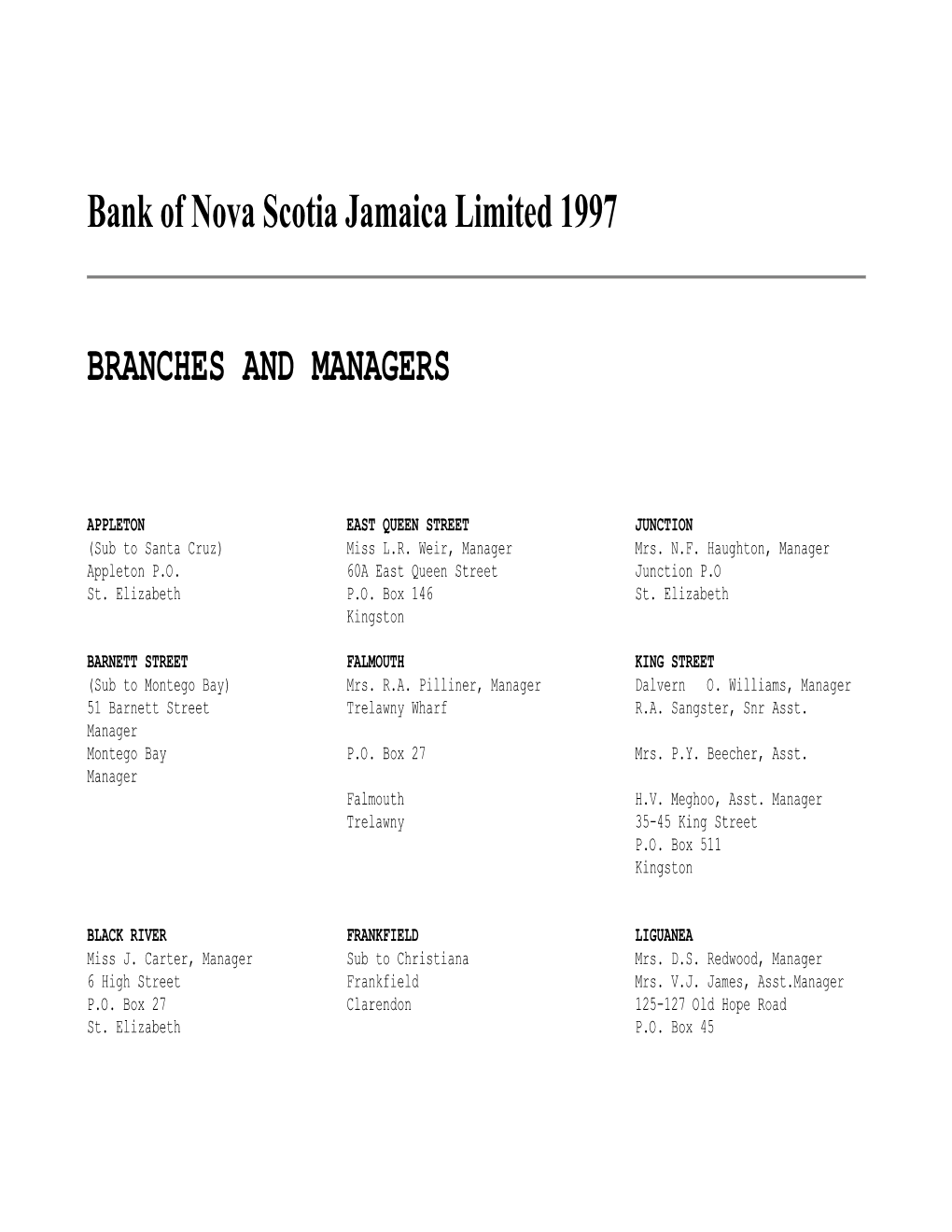 Bank of Nova Scotia Jamaica Limited 1997 BRANCHES and MANAGERS