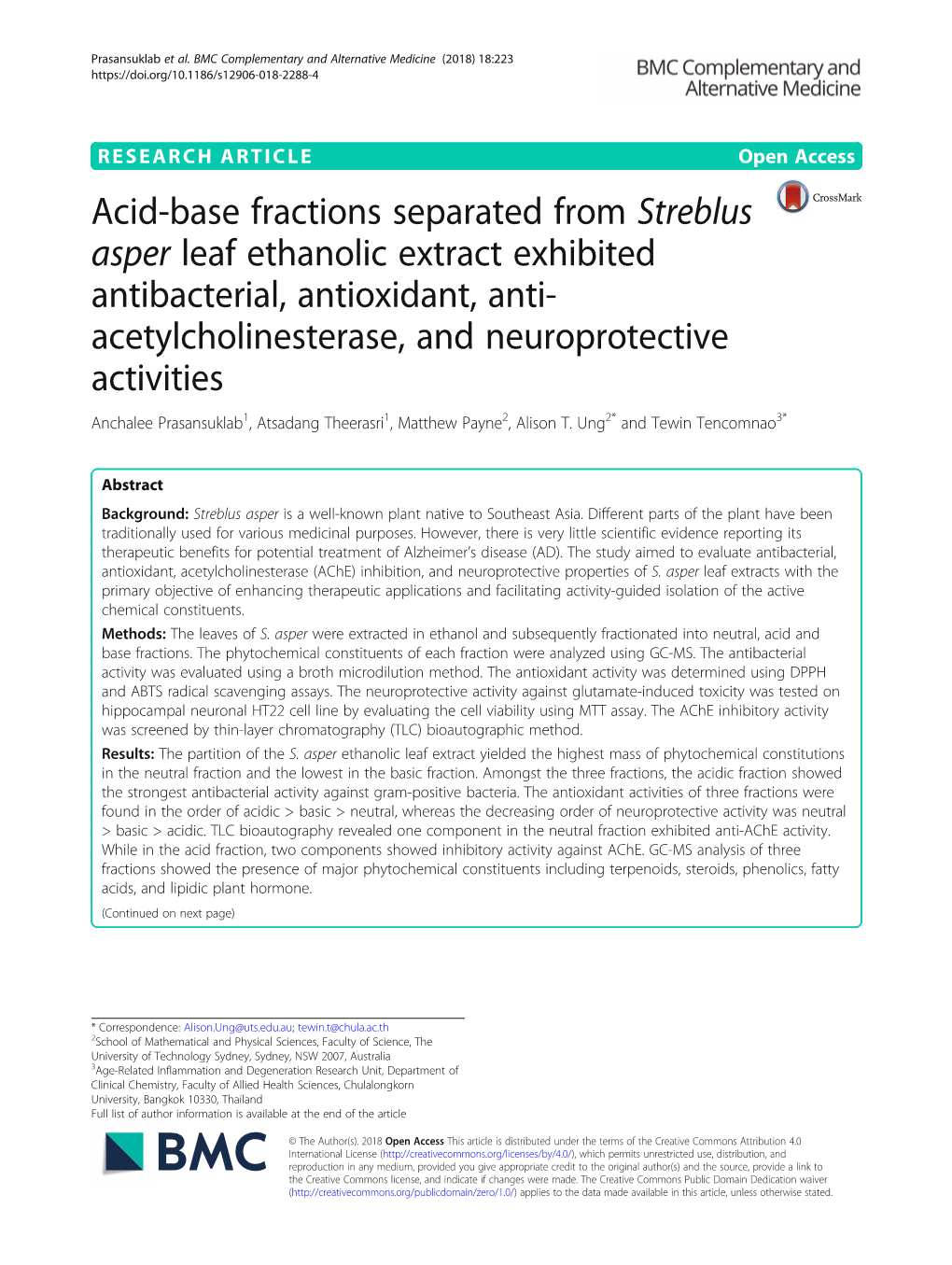 Acid-Base Fractions Separated from Streblus Asper Leaf Ethanolic Extract