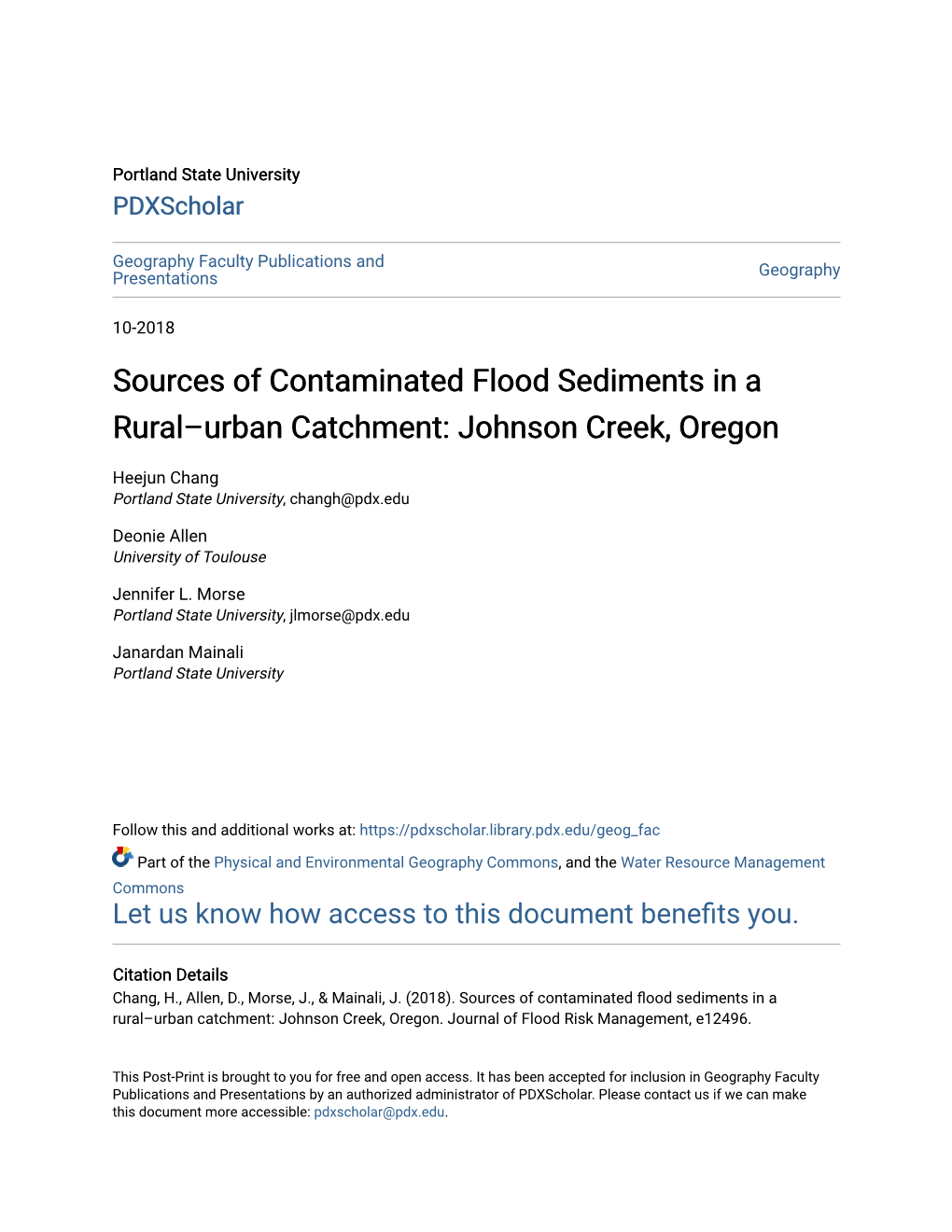 Sources of Contaminated Flood Sediments in a Rural–Urban Catchment: Johnson Creek, Oregon
