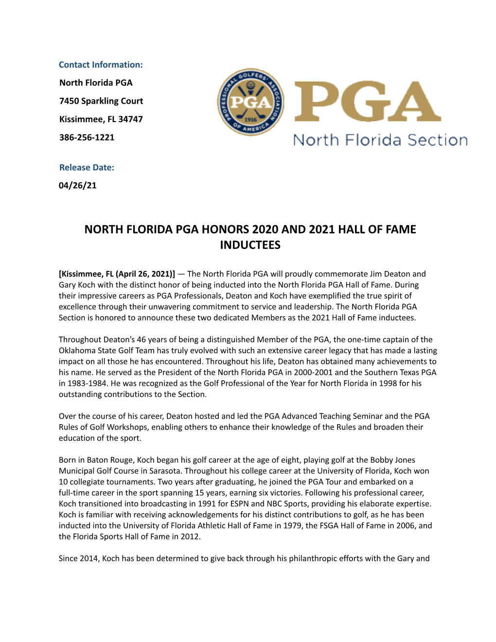 Hall of Fame Press Release