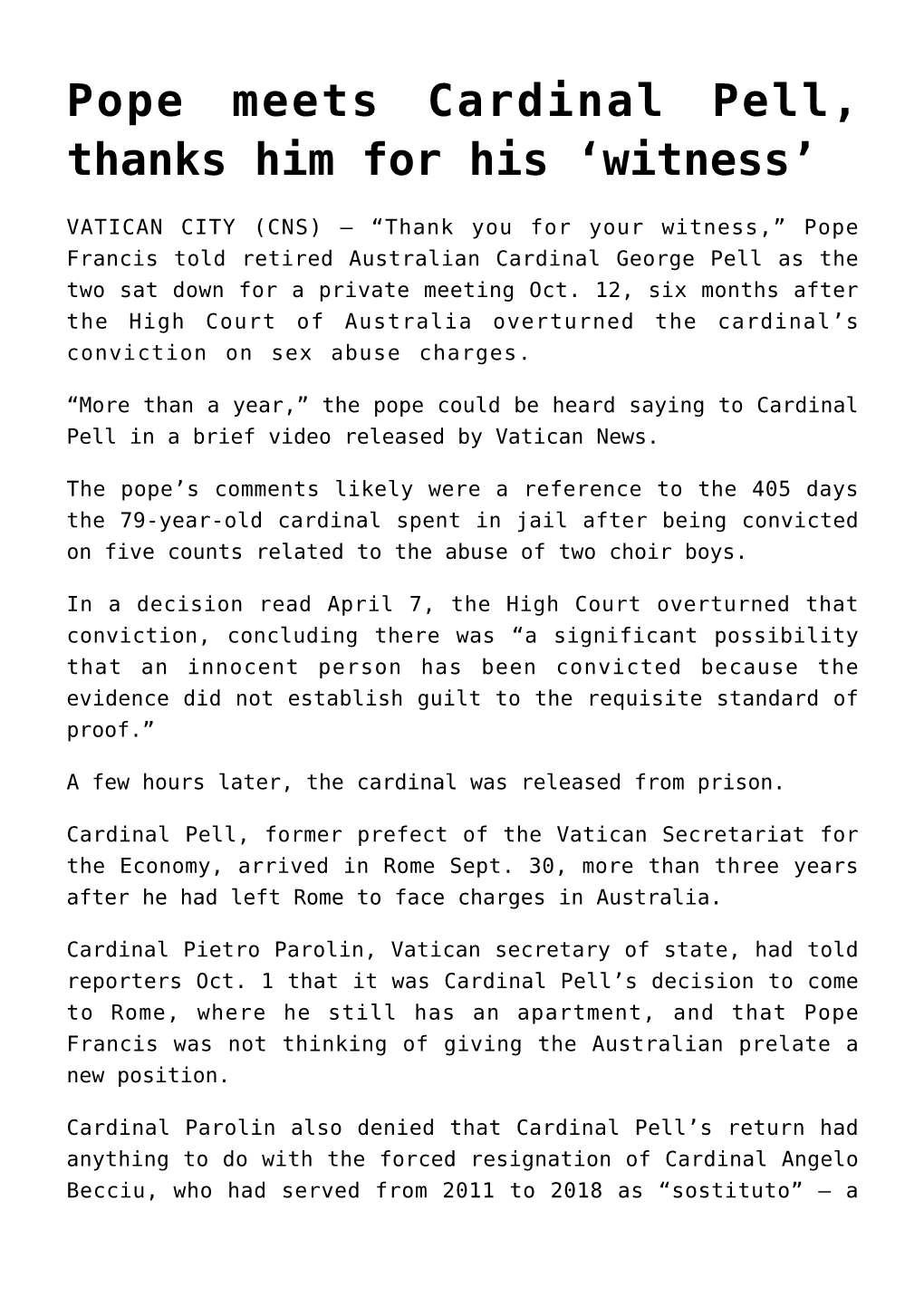 Pope Meets Cardinal Pell, Thanks Him for His &#8216