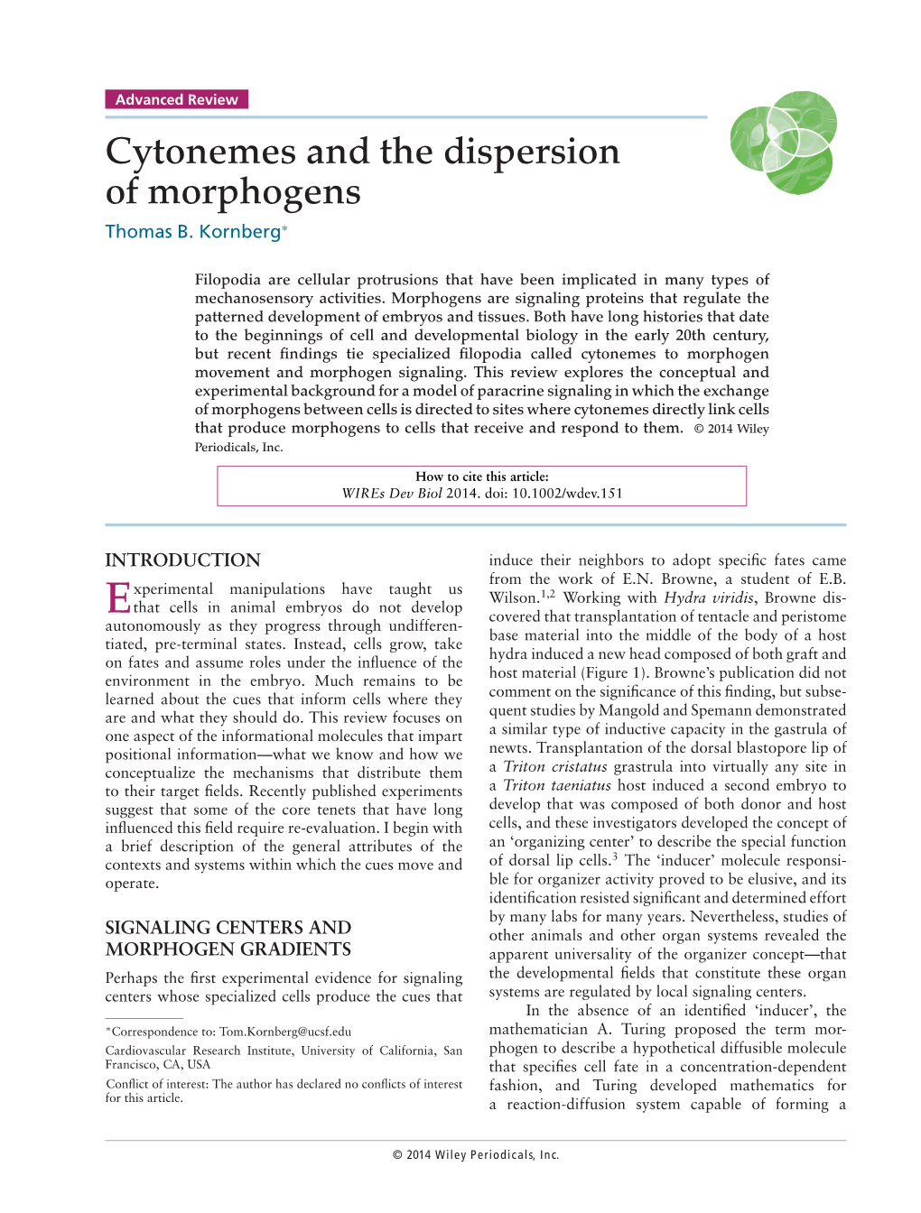 Cytonemes and the Dispersion of Morphogens Thomas B