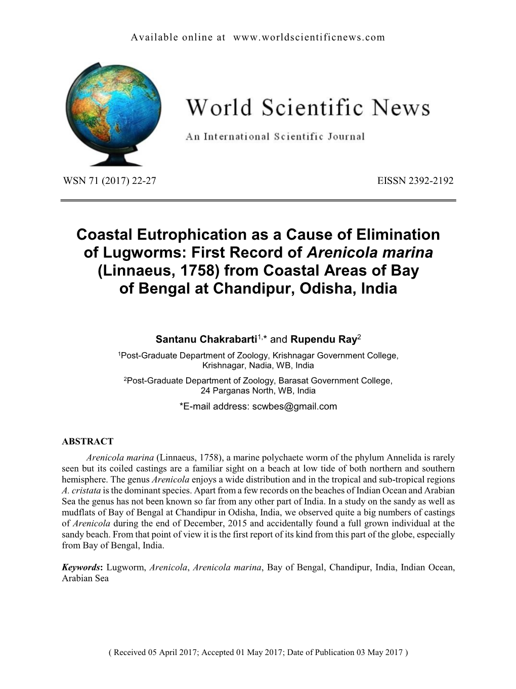 First Record of Arenicola Marina (Linnaeus, 1758) from Coastal Areas of Bay of Bengal at Chandipur, Odisha, India