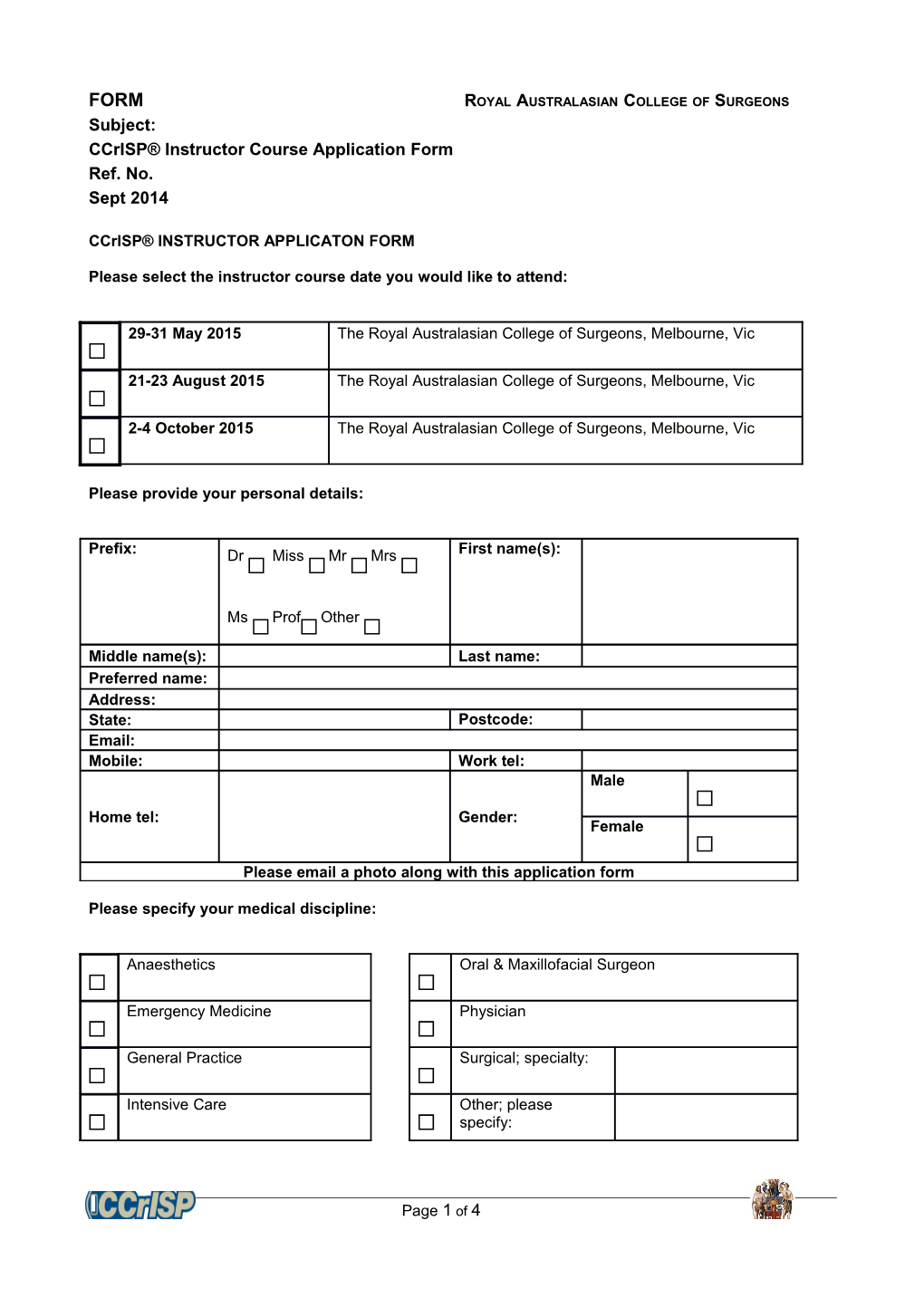 Ccrisp Instructor Course Application Form