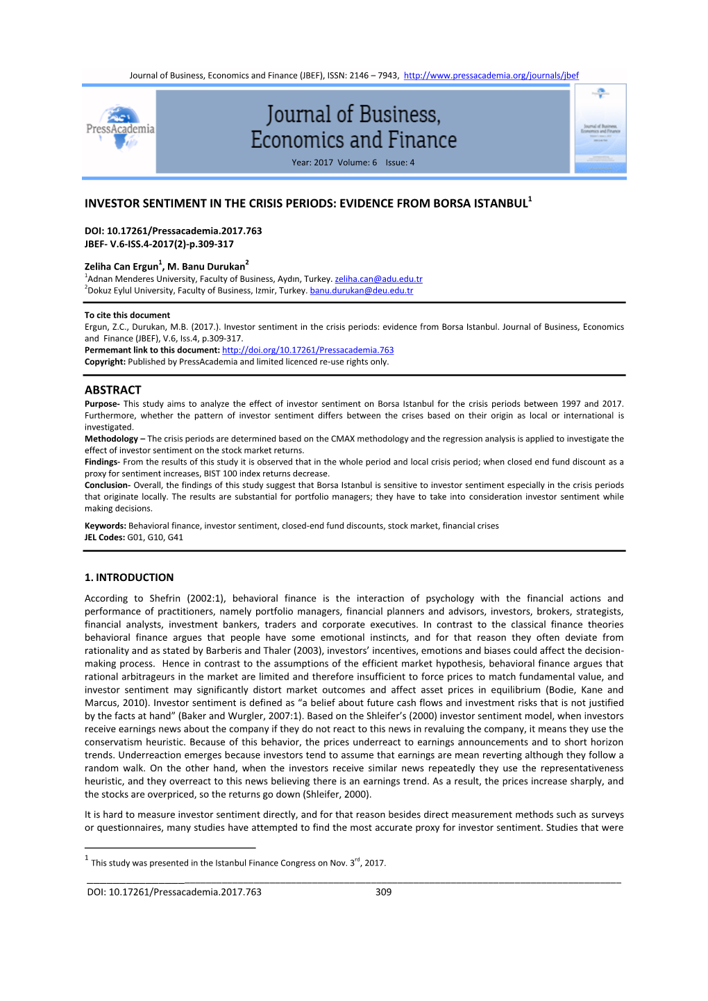 Investor Sentiment in the Crisis Periods: Evidence from Borsa Istanbul1