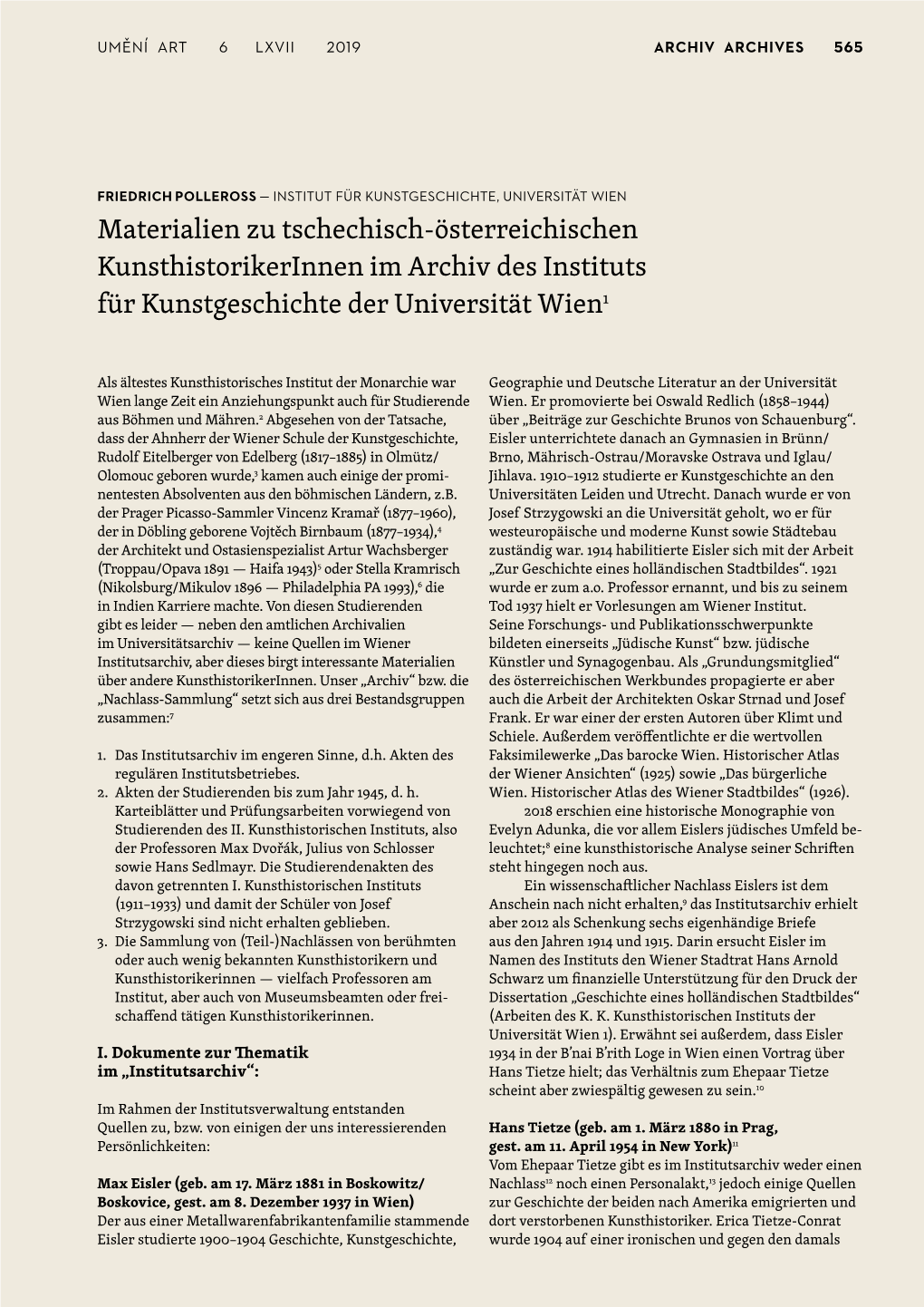 Materialien Zu Tschechisch-Österreichischen Kunsthistorikerinnen Im Archiv Des Instituts Für Kunstgeschichte Der Universität Wien1