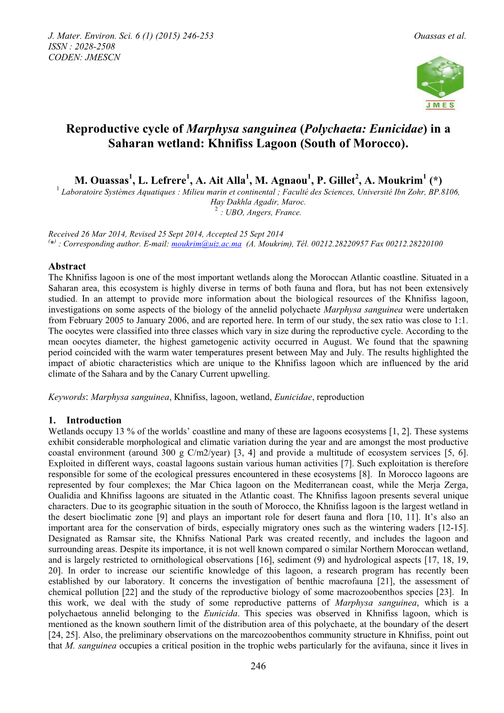 Reproductive Cycle of Marphysa Sanguinea (Polychaeta: Eunicidae) in a Saharan Wetland: Khnifiss Lagoon (South of Morocco)