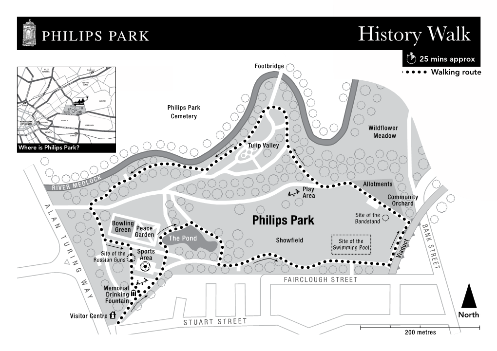 PHILIPS PARK History Walk Bank Street 25 Mins Approx Footbridge Bridge MILES Dean Lane PLATTING Walking Route