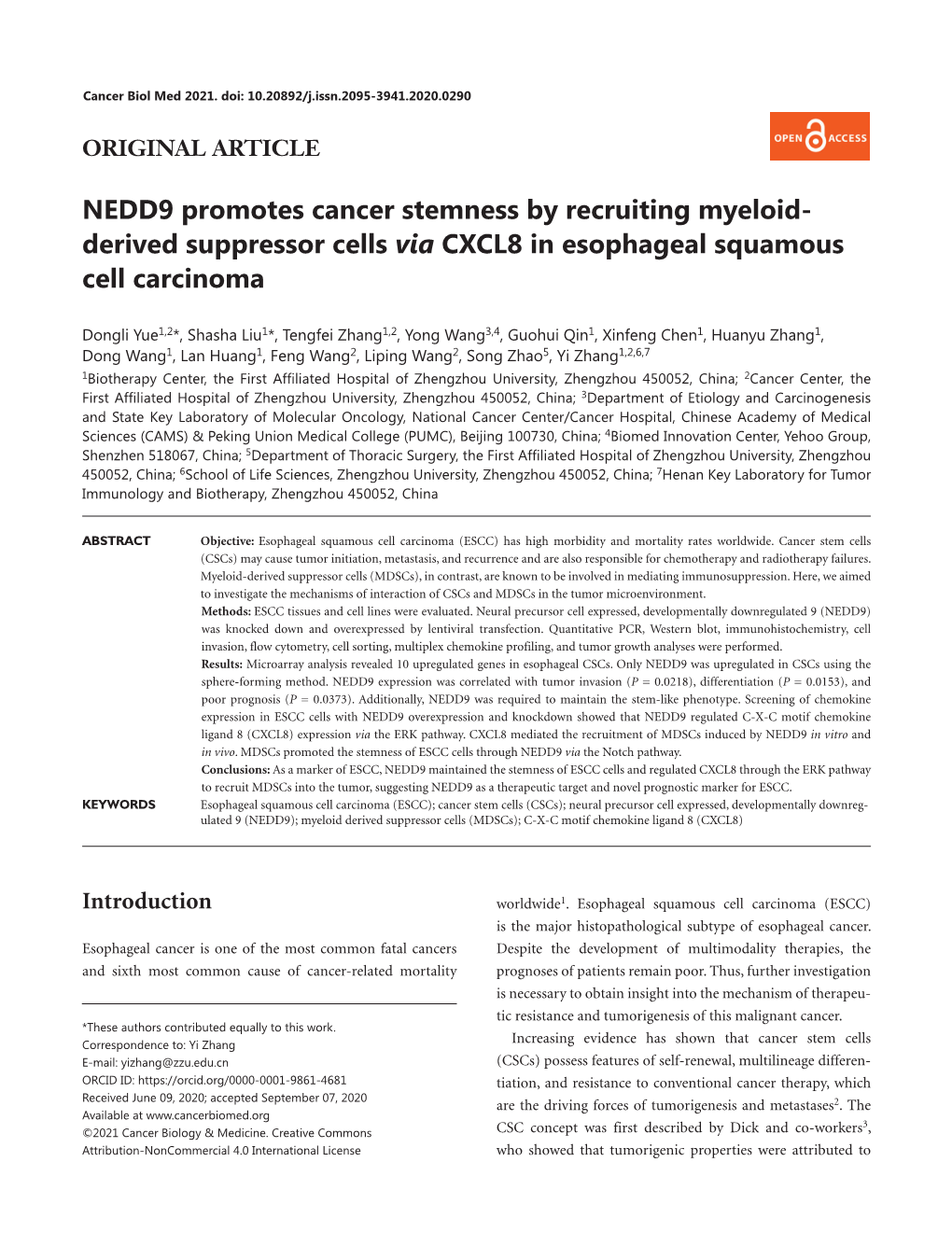 NEDD9 Promotes Cancer Stemness by Recruiting Myeloid- Derived Suppressor Cells Via CXCL8 in Esophageal Squamous Cell Carcinoma