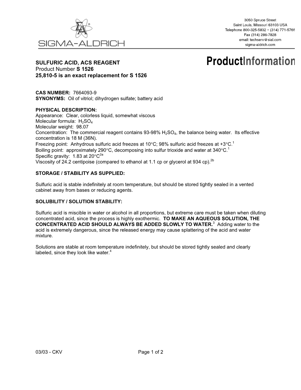 SULFURIC ACID, ACS REAGENT Product Number S 1526 25,810-5 Is an Exact Replacement for S 1526