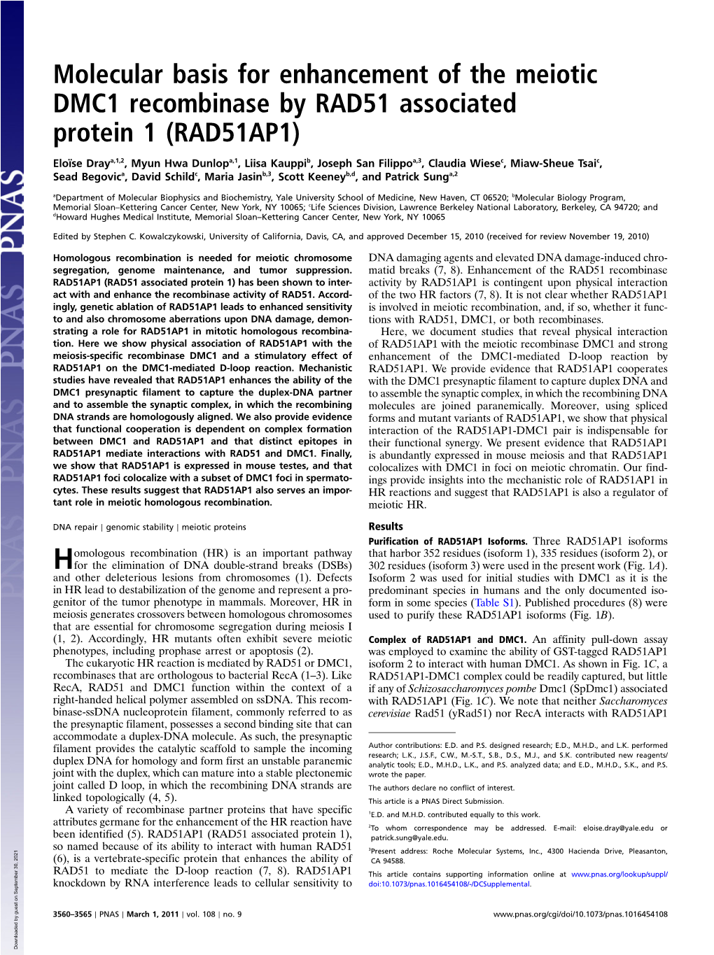 Molecular Basis for Enhancement of the Meiotic DMC1 Recombinase by RAD51 Associated Protein 1 (RAD51AP1)