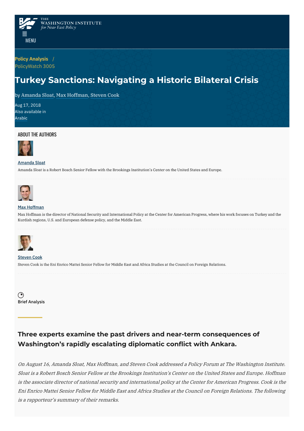 Turkey Sanctions: Navigating a Historic Bilateral Crisis by Amanda Sloat, Max Hoffman, Steven Cook