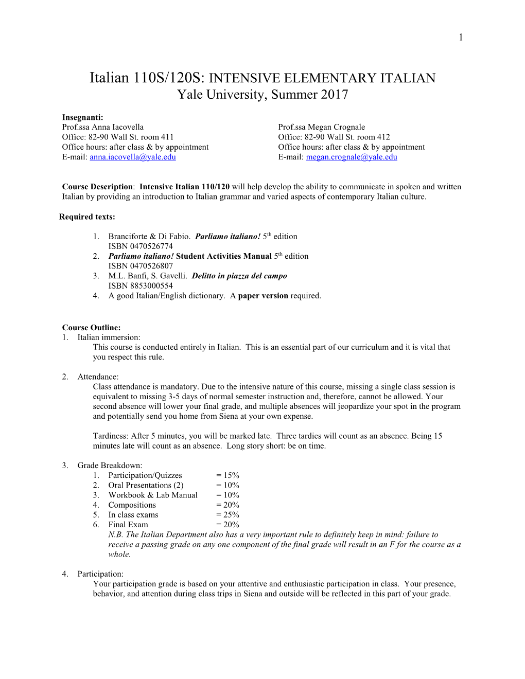 Italian 110S/120S: INTENSIVE ELEMENTARY ITALIAN Yale University, Summer 2017