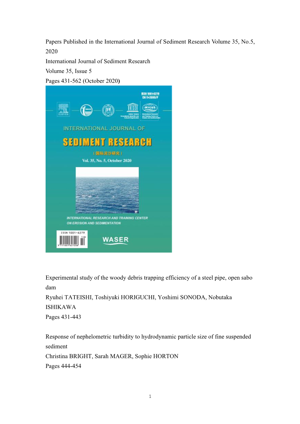 Papers Published in the International Journal of Sediment Research Volume 35, No.5, 2020 International Journal of Sediment Resea