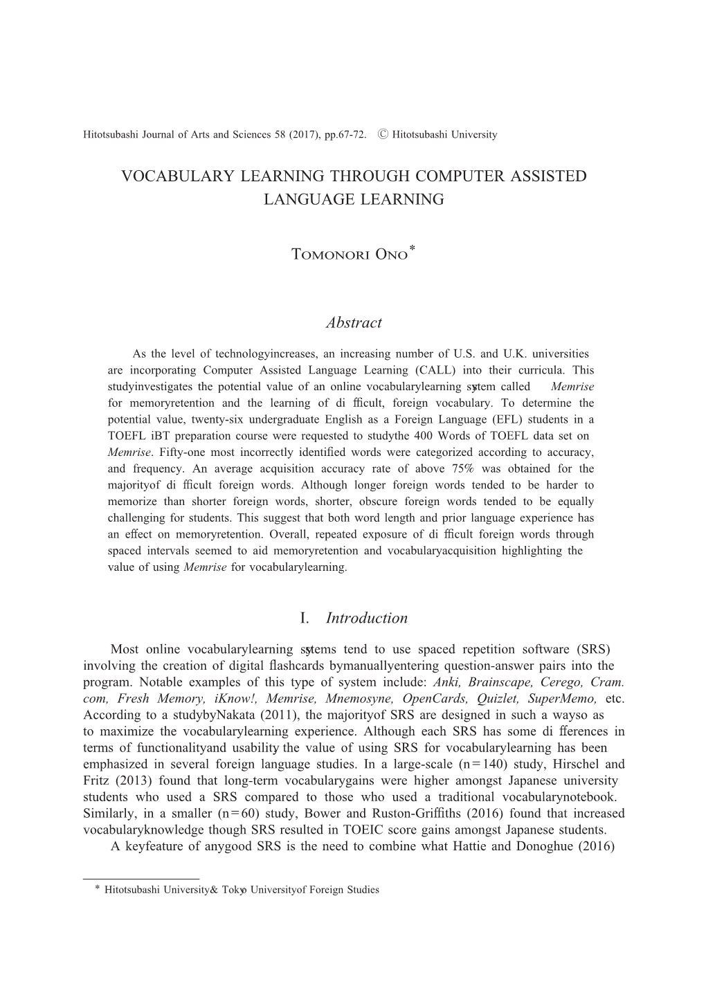 VOCABULARY LEARNING THROUGH COMPUTER ASSISTED LANGUAGE LEARNING Abstract I. Introduction