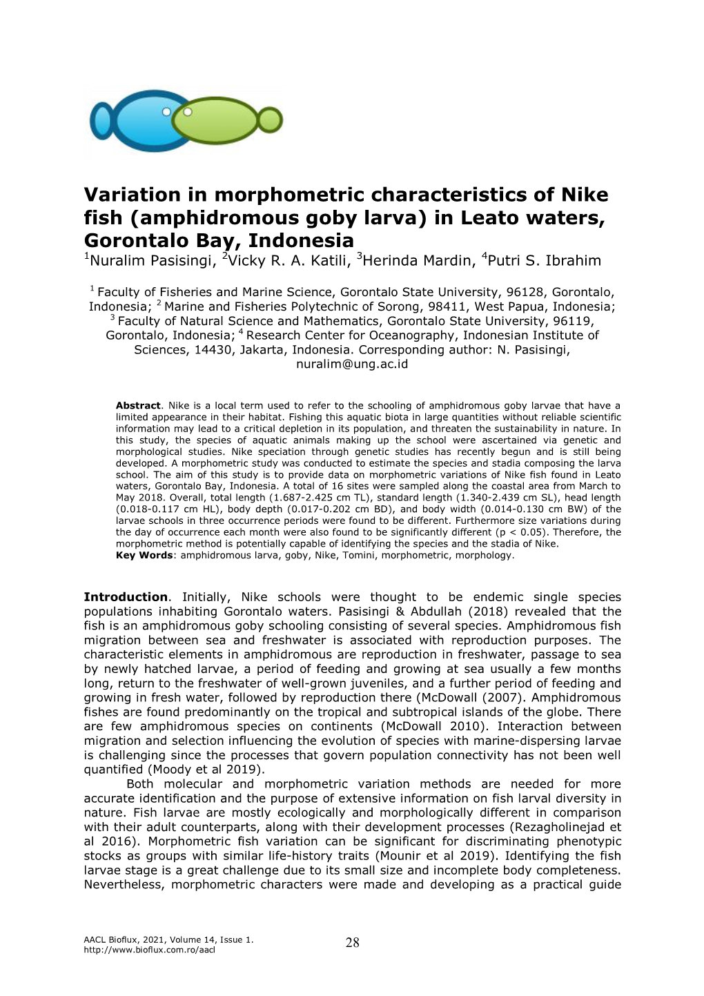 Variation in Morphometric Characteristics of Nike Fish (Amphidromous Goby Larva) in Leato Waters, Gorontalo Bay, Indonesia 1Nuralim Pasisingi, 2Vicky R
