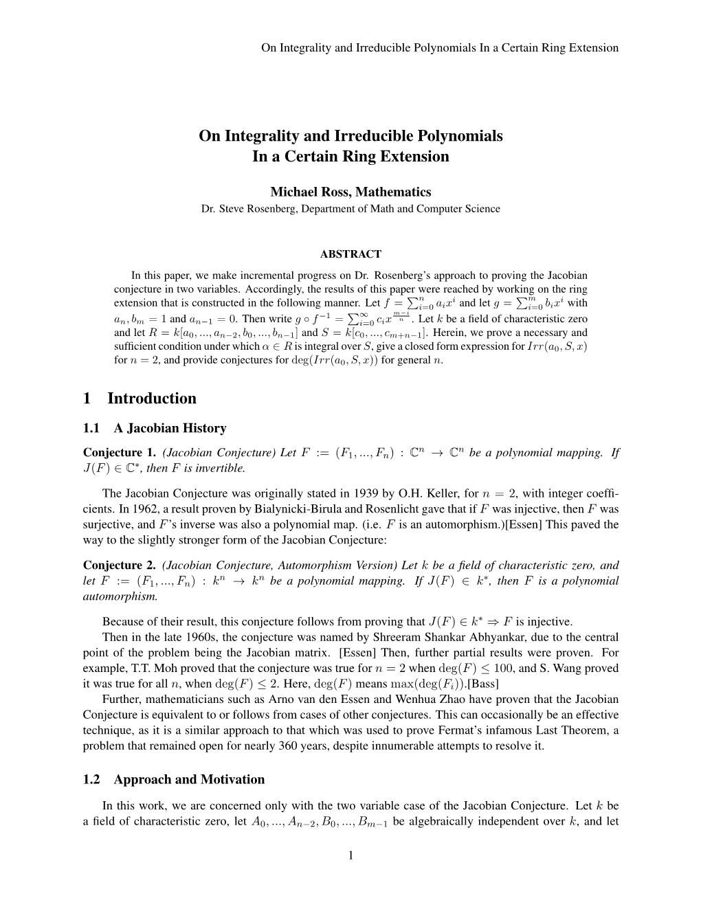 Integrality and Irreducible Polynomials in a Certain Ring Extension, Michael Ross