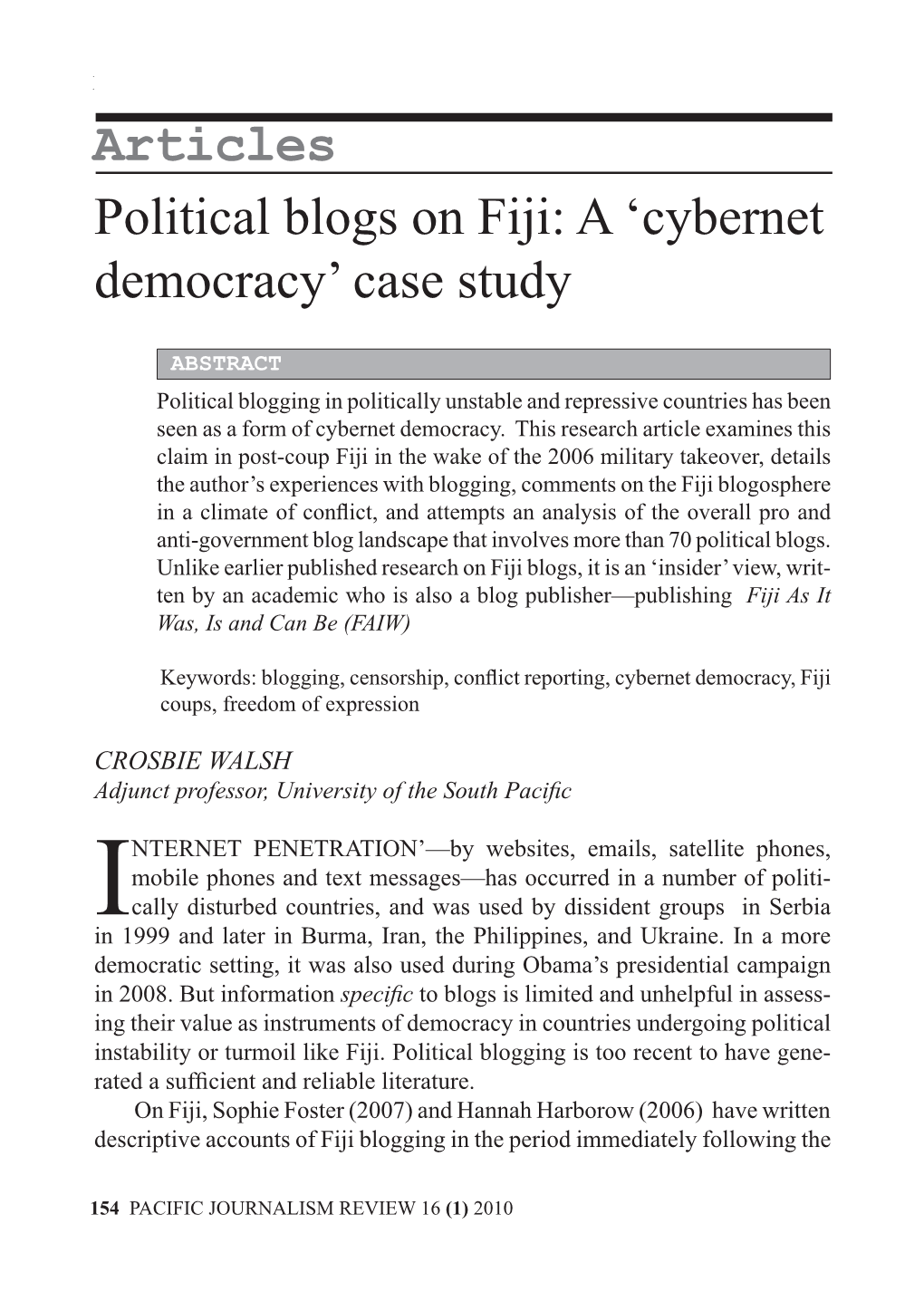 Political Blogs on Fiji: a ‘Cybernet Democracy’ Case Study