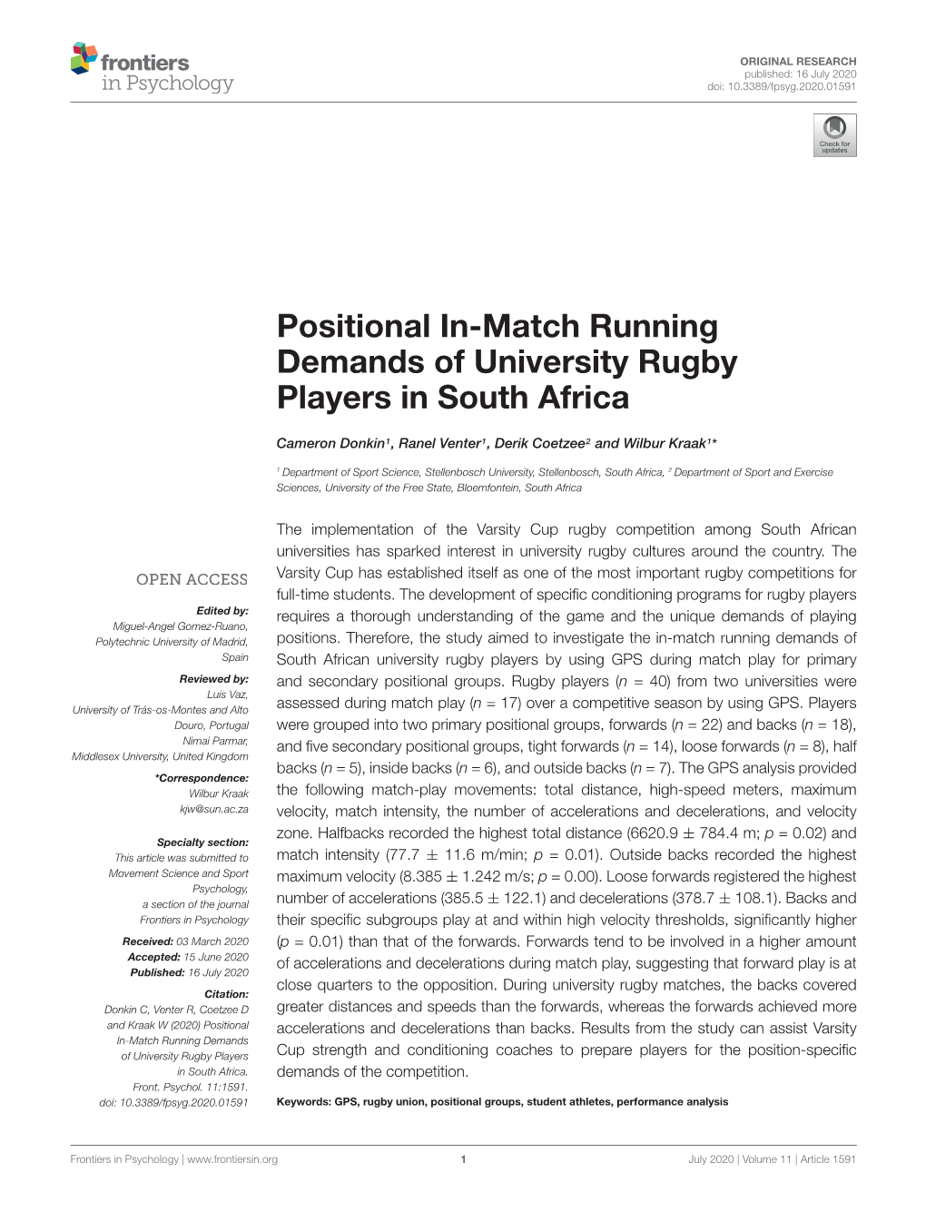 Positional In-Match Running Demands of University Rugby Players in South Africa