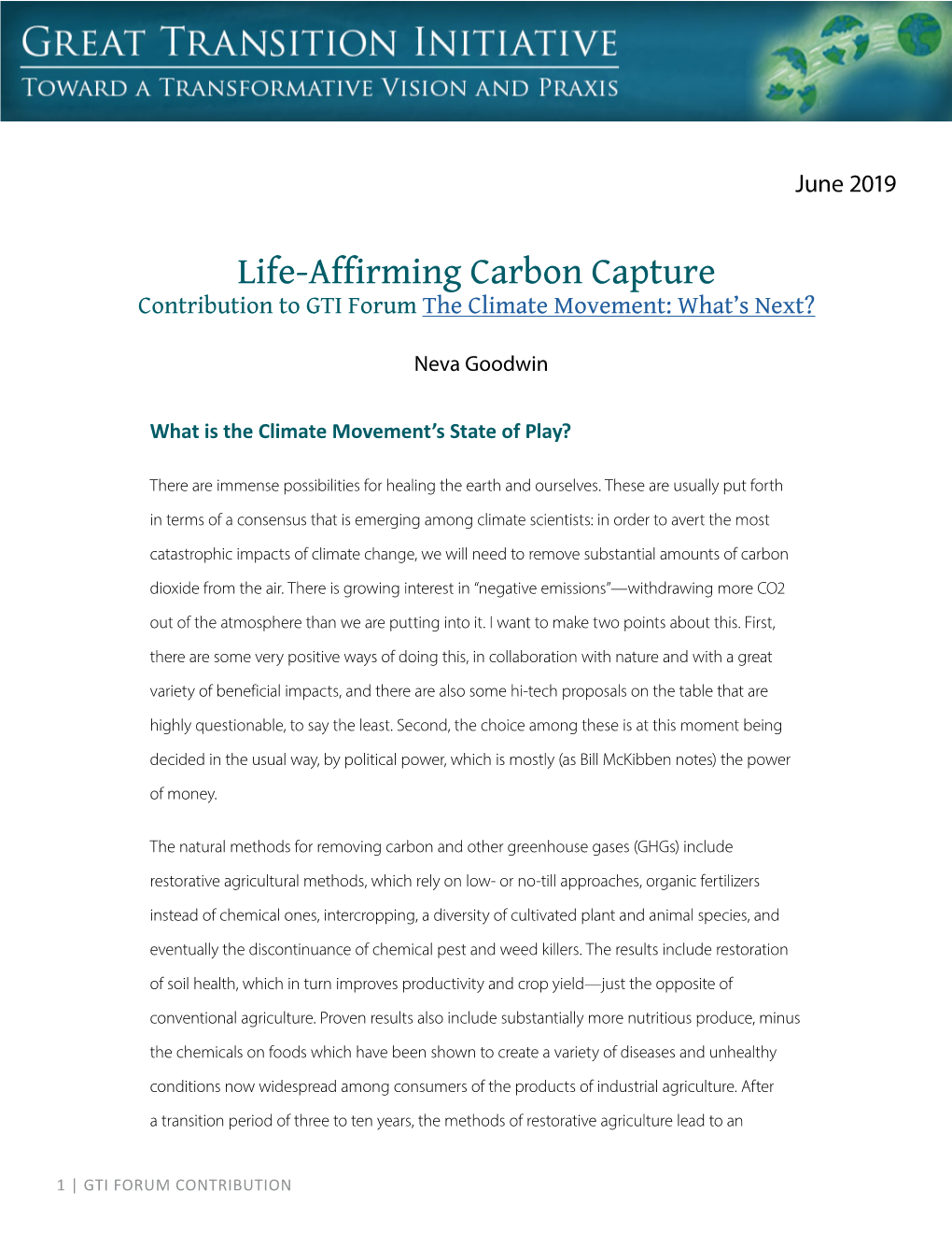 Life-Affirming Carbon Capture Contribution to GTI Forum the Climate Movement: What’S Next?