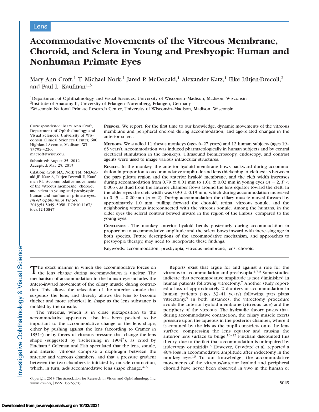 Accommodative Movements of the Vitreous Membrane, Choroid, and Sclera in Young and Presbyopic Human and Nonhuman Primate Eyes