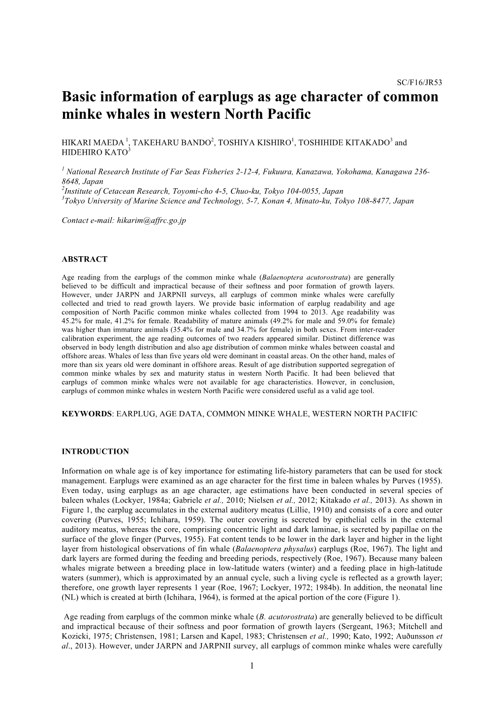 Basic Information of Earplugs As Age Character of Common Minke Whales in Western North Pacific