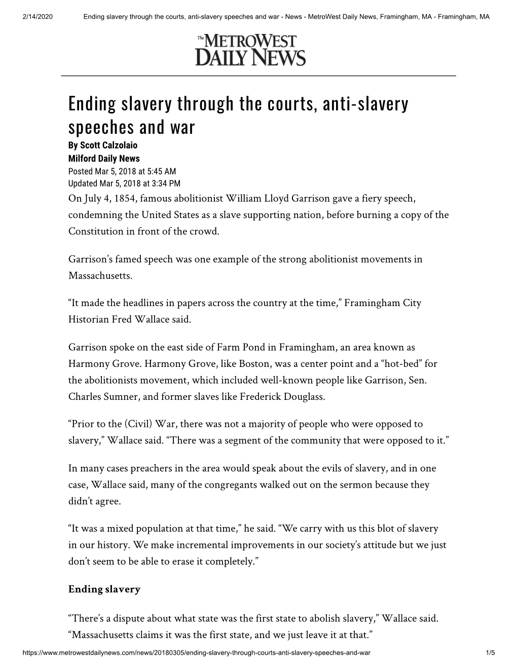 Ending Slavery Through the Courts, Anti-Slavery Speeches and War - News - Metrowest Daily News, Framingham, MA - Framingham, MA