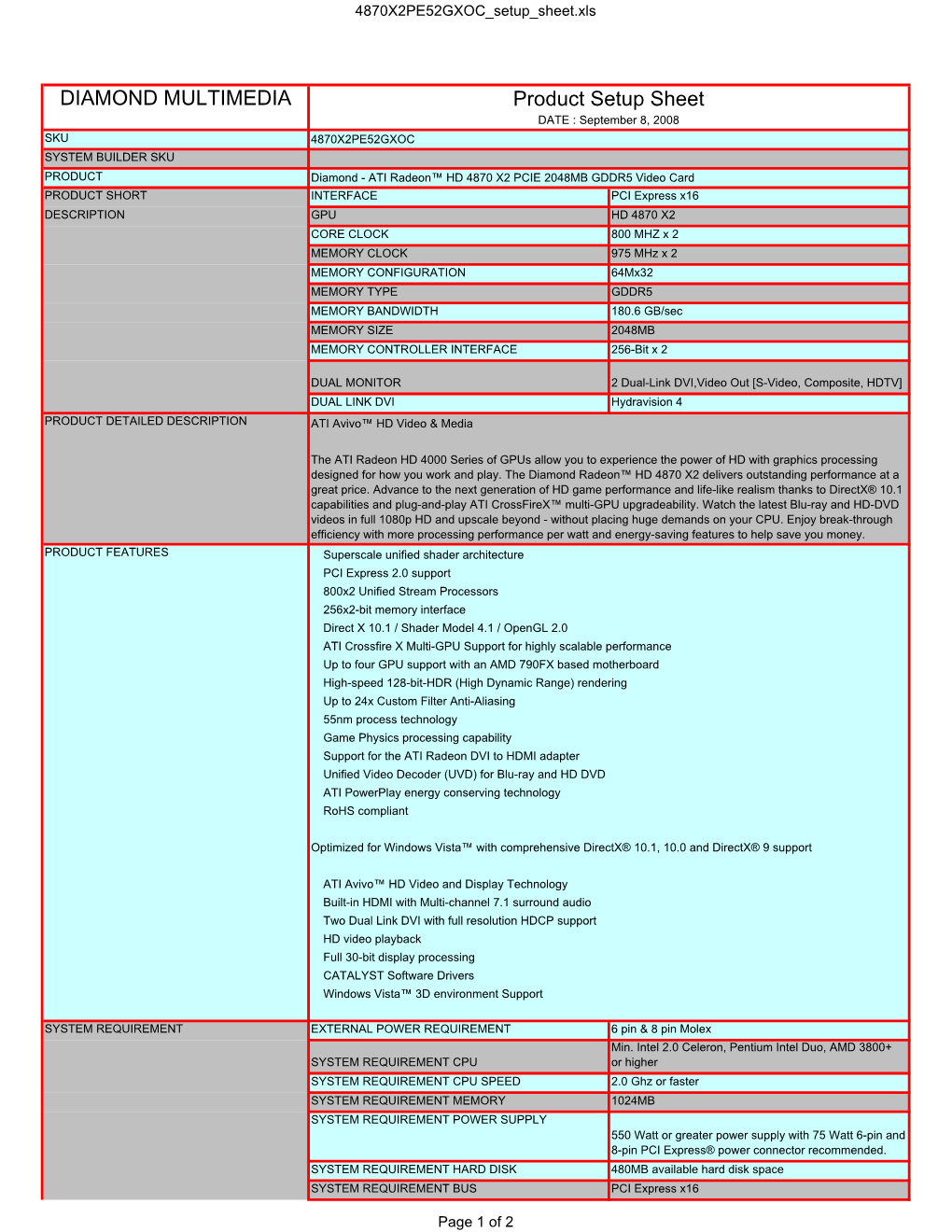 DIAMOND MULTIMEDIA Product Setup Sheet