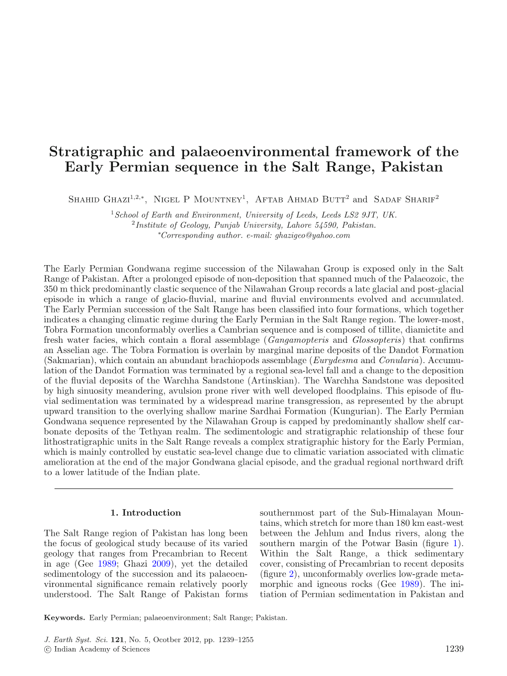 Stratigraphic and Palaeoenvironmental Framework of the Early Permian Sequence in the Salt Range, Pakistan