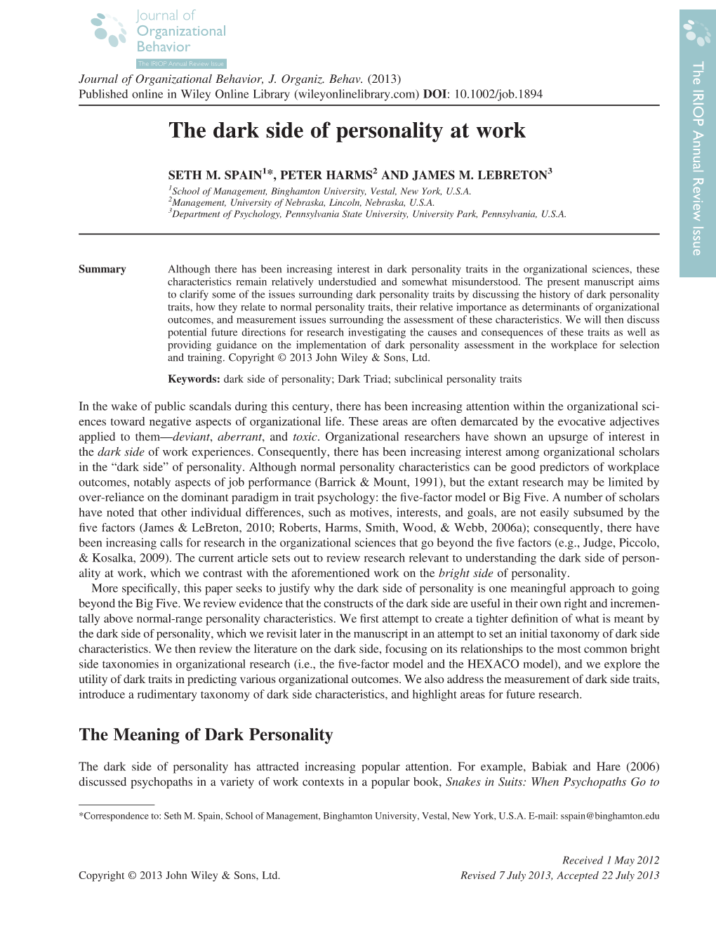 Review of the Dark Side of Personality at Work