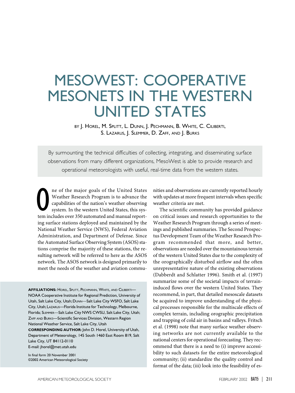 Mesowest: Cooperative Mesonets in the Western United States