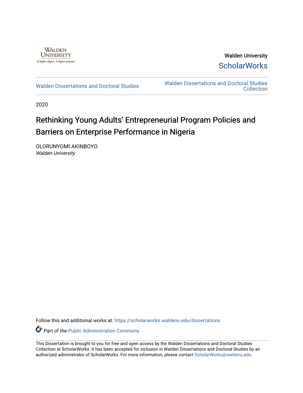 Rethinking Young Adults' Entrepreneurial Program Policies and Barriers on Enterprise Performance in Nigeria