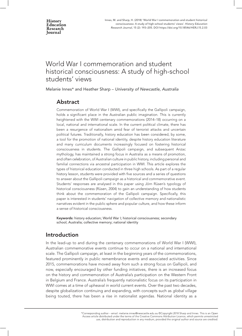 World War I Commemoration and Student Historical Consciousness: a Study of High-School Students’ Views’