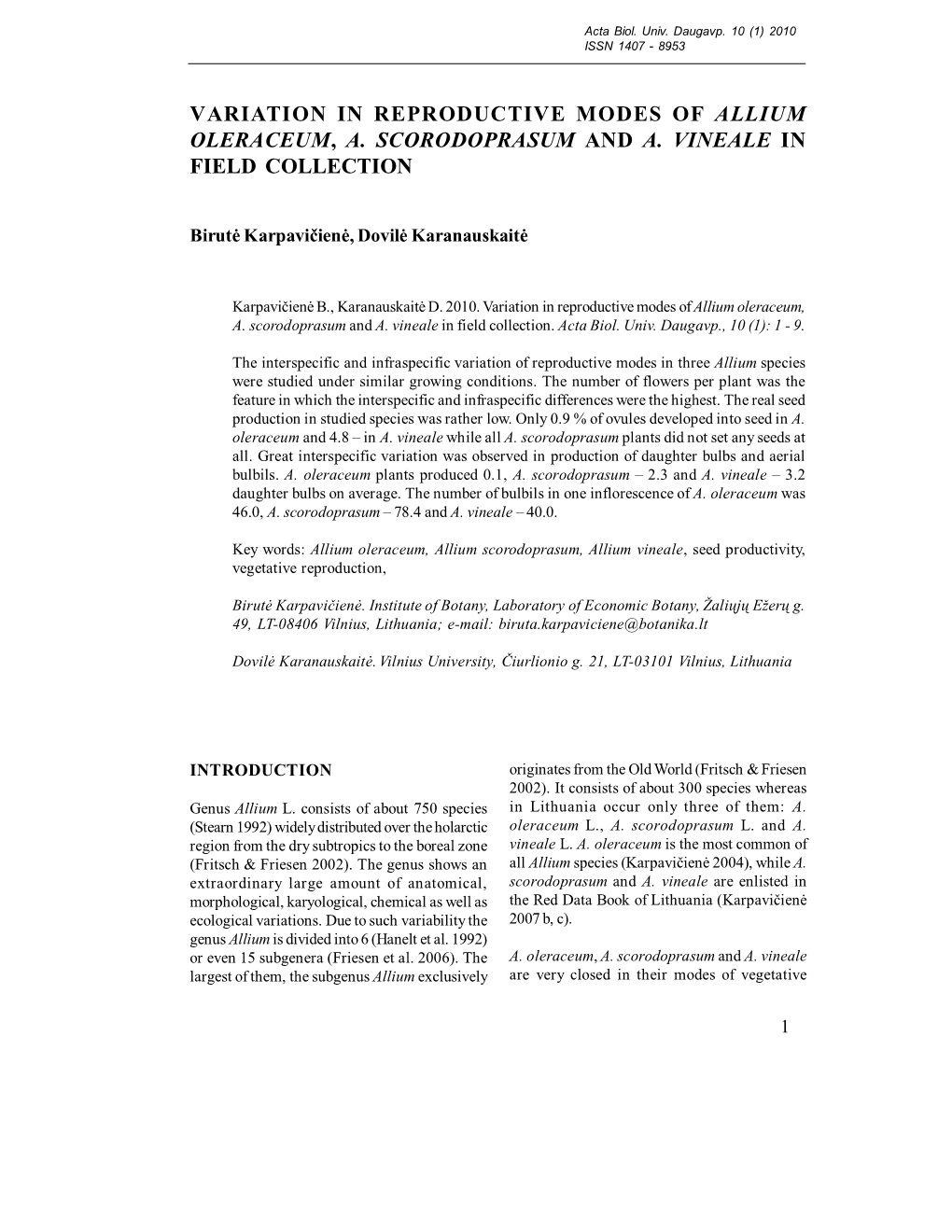 Variation in Reproductive Modes of Allium Oleraceum, A