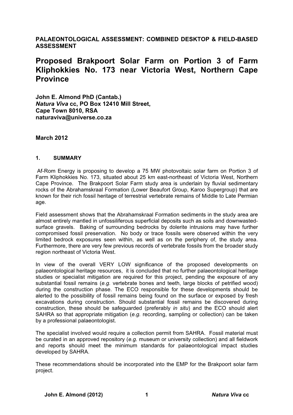 Proposed Brakpoort Solar Farm on Portion 3 of Farm Kliphokkies No