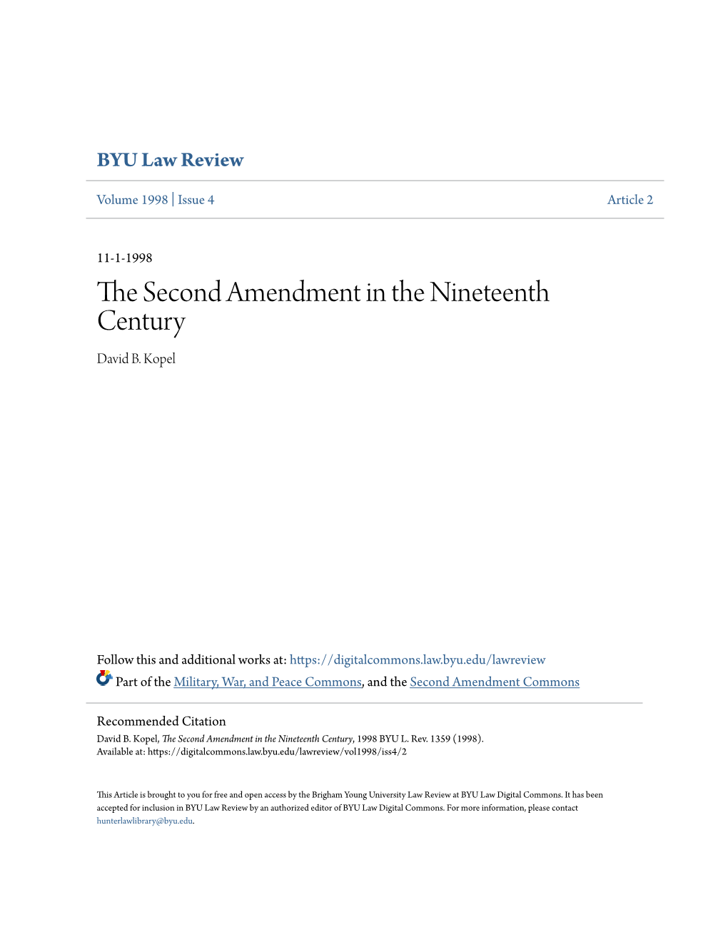 The Second Amendment in the Nineteenth Century, 1998 BYU L