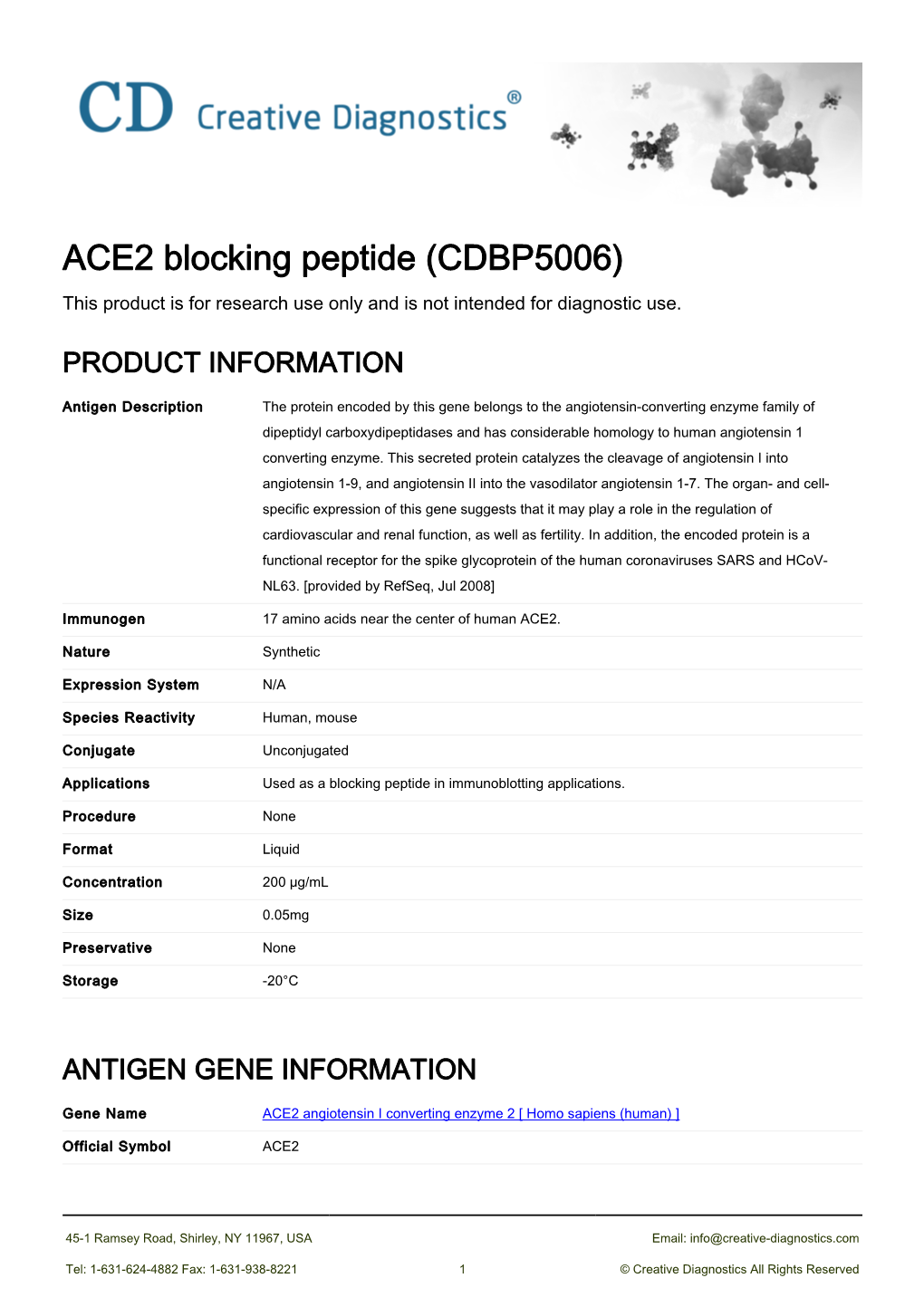 ACE2 Blocking Peptide (CDBP5006) This Product Is for Research Use Only and Is Not Intended for Diagnostic Use