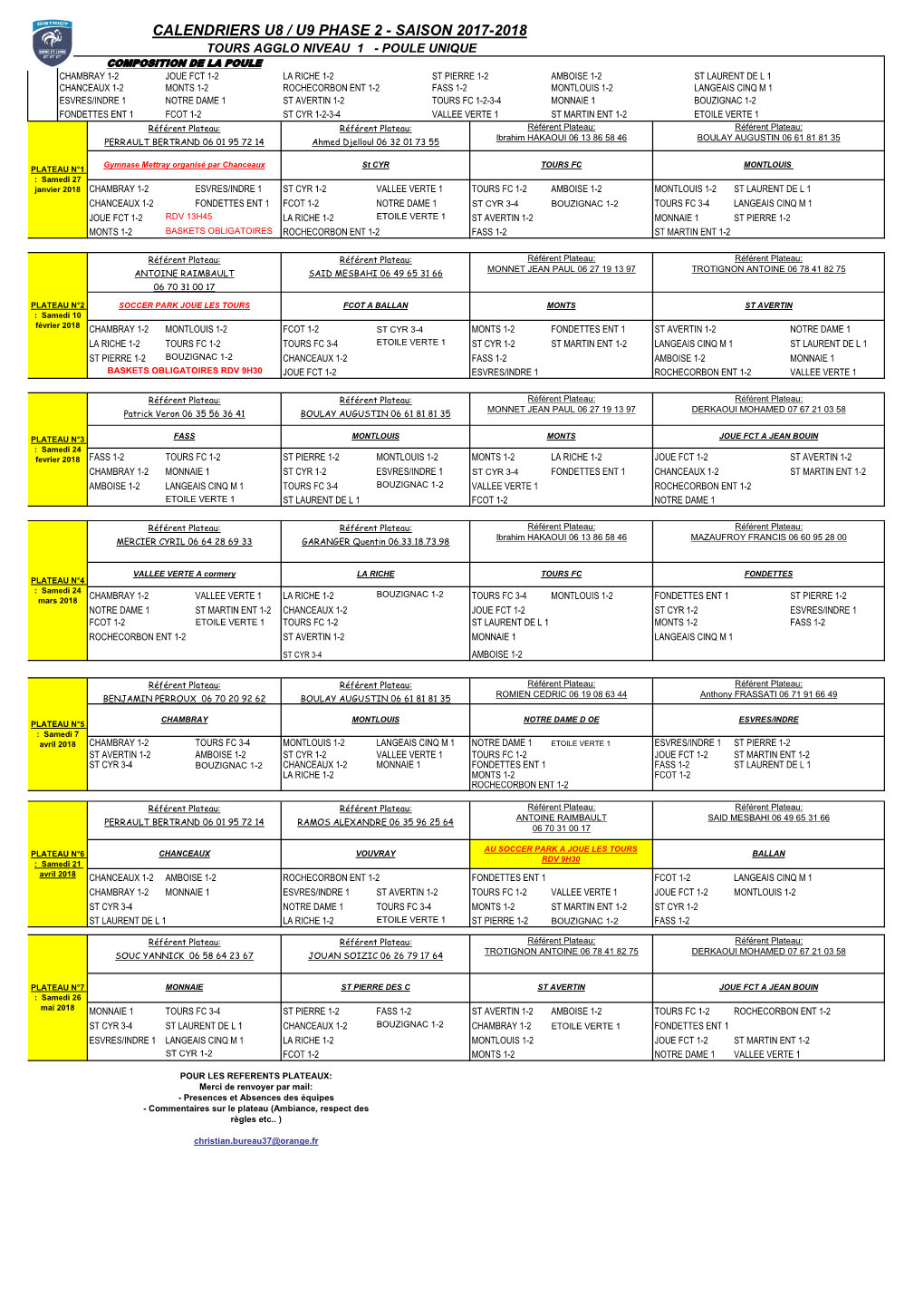 Calendriers U8 / U9 Phase 2