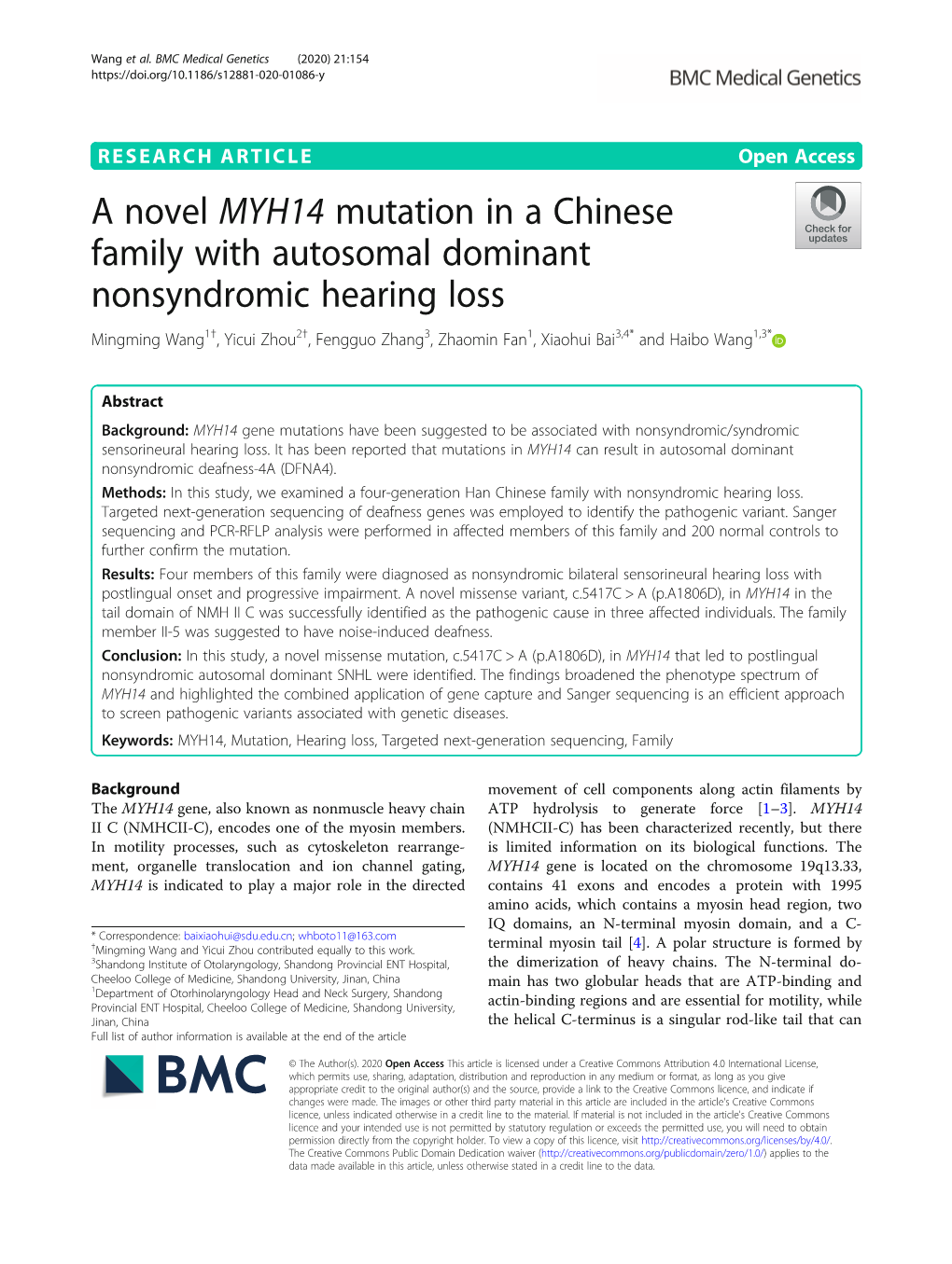 A Novel MYH14 Mutation in a Chinese Family with Autosomal Dominant