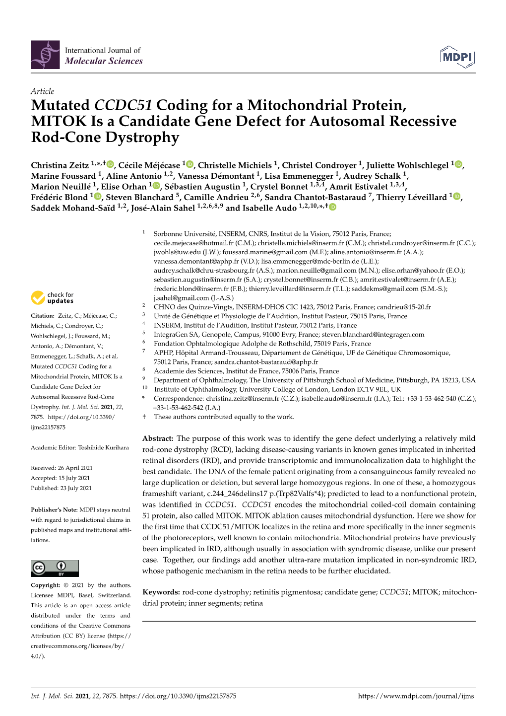 Mutated CCDC51 Coding for a Mitochondrial Protein, MITOK Is a Candidate Gene Defect for Autosomal Recessive Rod-Cone Dystrophy