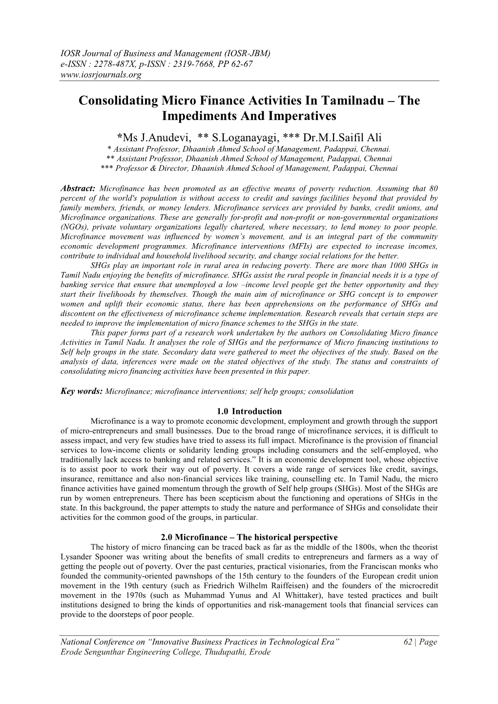 Consolidating Micro Finance Activities in Tamilnadu – the Impediments and Imperatives