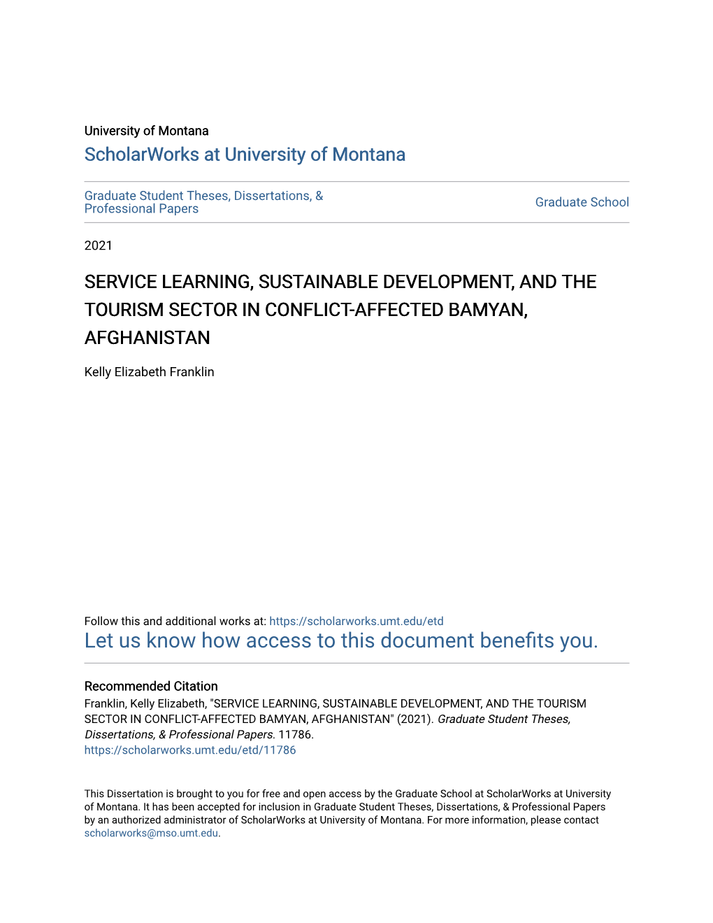 Service Learning, Sustainable Development, and the Tourism Sector in Conflict-Affected Bamyan, Afghanistan