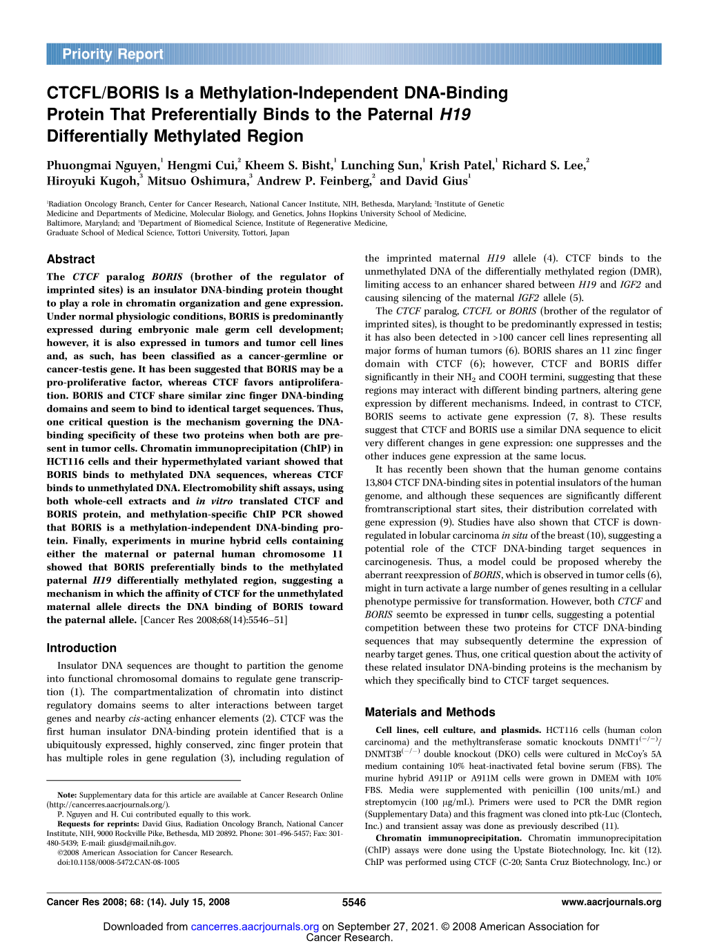 CTCFL/BORIS Is a Methylation-Independent DNA-Binding Protein That Preferentially Binds to the Paternal H19 Differentially Methylated Region