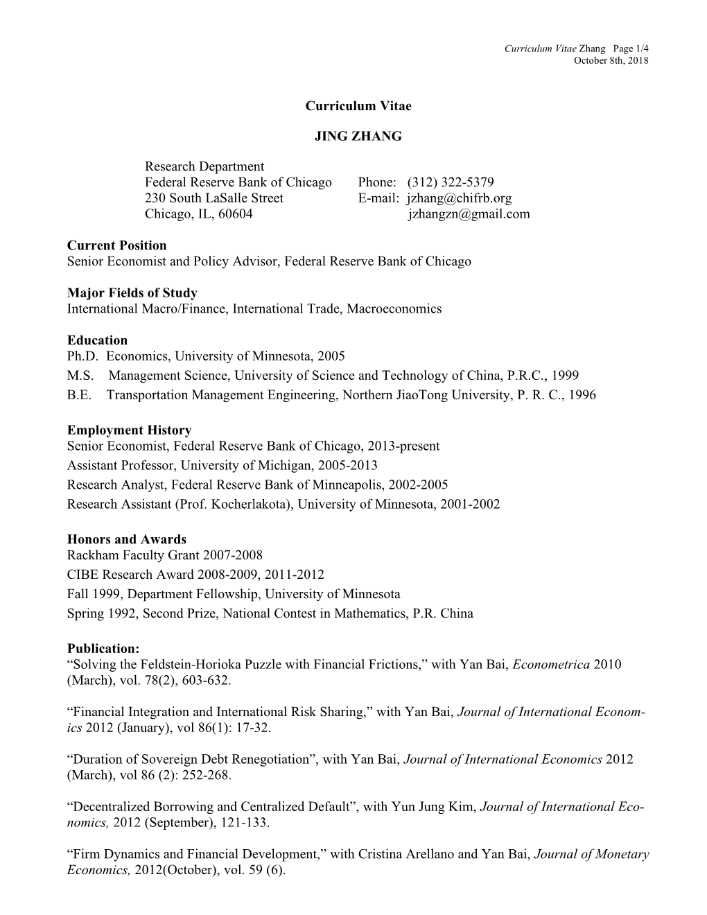 Curriculum Vitae JING ZHANG Research Department Federal