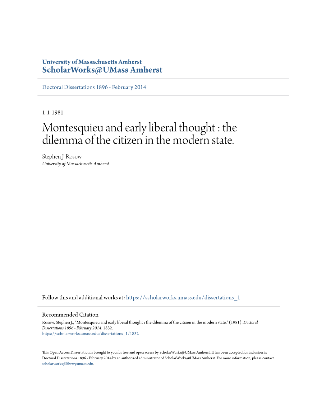 Montesquieu and Early Liberal Thought : the Dilemma of the Citizen in the Modern State