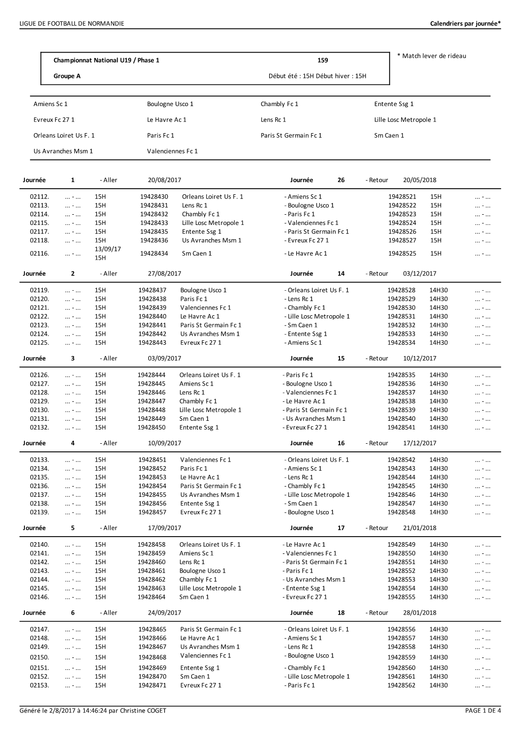 LIGUE DE FOOTBALL DE NORMANDIE Calendriers Par Journée*