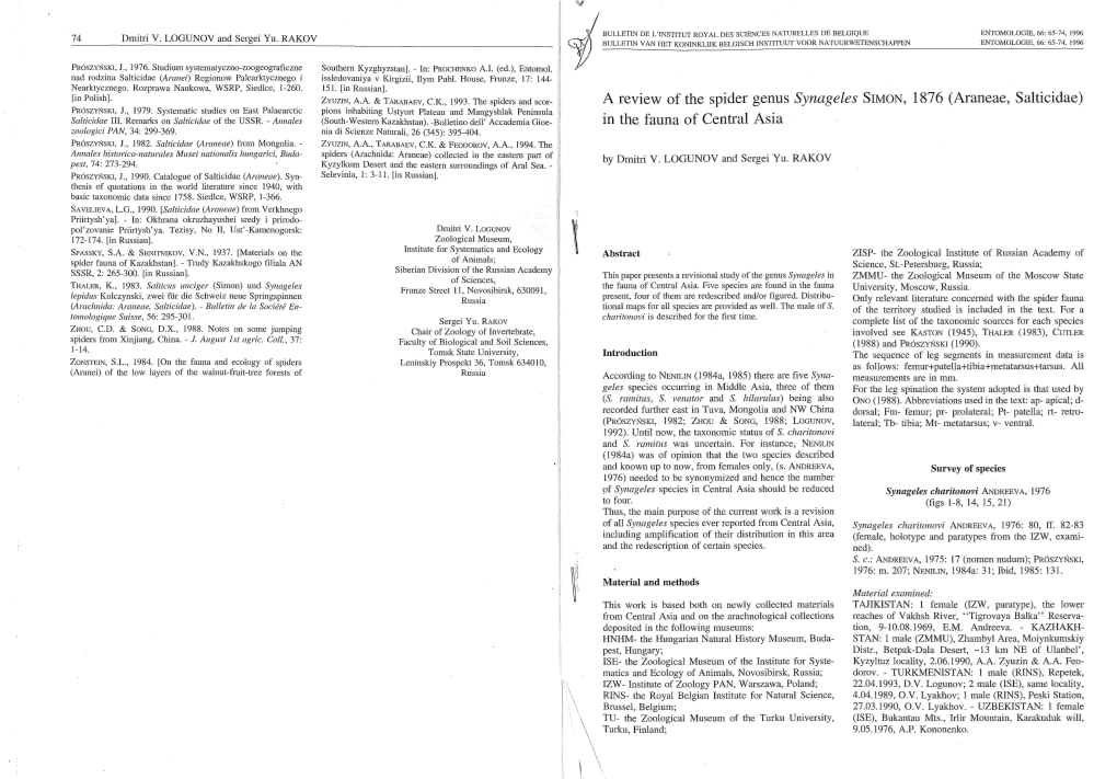 A Review of the Spider Genus Synageles SIMON, 1876 (Araneae, Salticidae) PROSZYNSKI, J., 1979